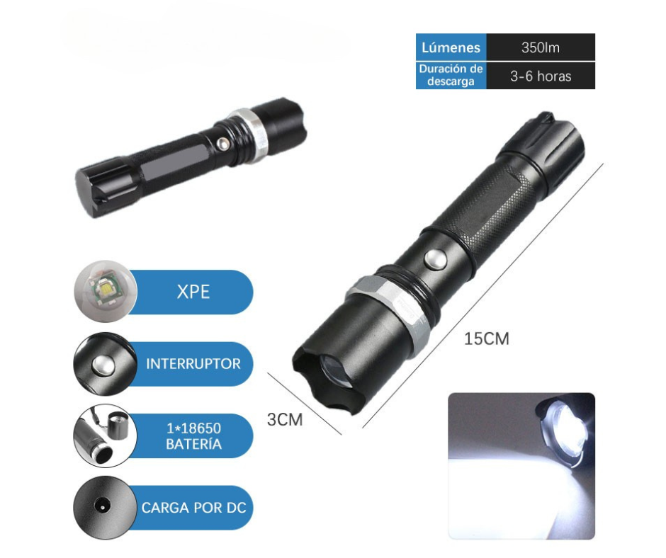 Linterna Táctica Recargable 350 Lúmenes - Con Estuche Protector