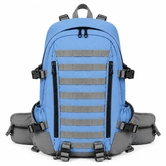 Mochila Táctica Outdoor 35L (Modelo 1) Celeste con Velcro Gris · Fabricación Nacional