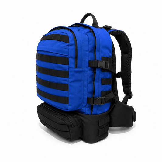 Mochila Táctica Outdoor 40L (Modelo 2) Azul con Velcros Negro · Fabricación Nacional