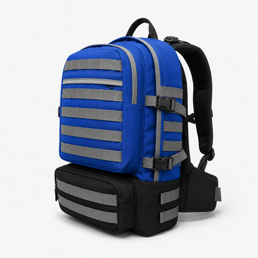 Mochila Táctica Outdoor 40L (Modelo 2) Azul con Velcros Gris · Fabricación Nacional