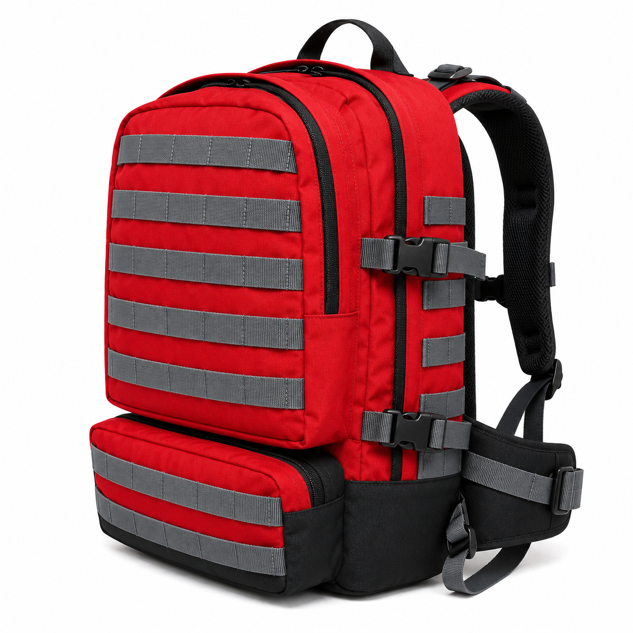 Mochila Táctica Outdoor 40L (Modelo 2) Roja con Negra con velcro gris · Fabricación Nacional